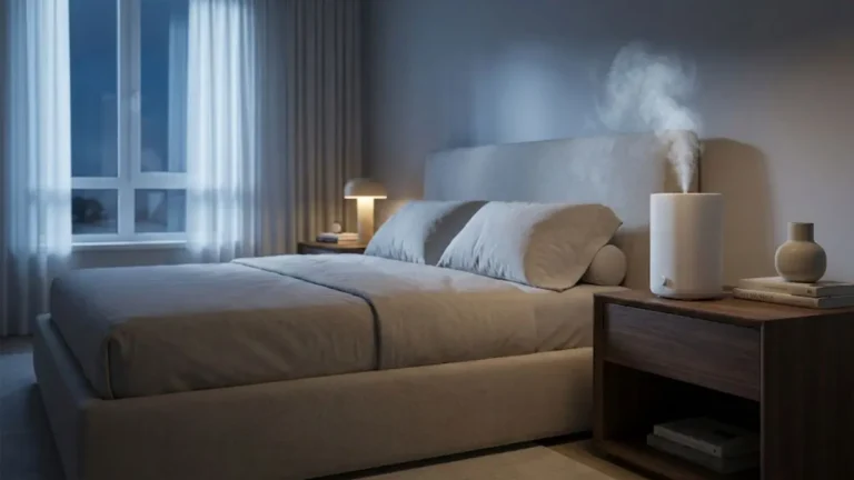 Modern master bedroom at night with a sleek white humidifier on a nightstand emitting cool mist to achieve the best humidity level for sleeping.