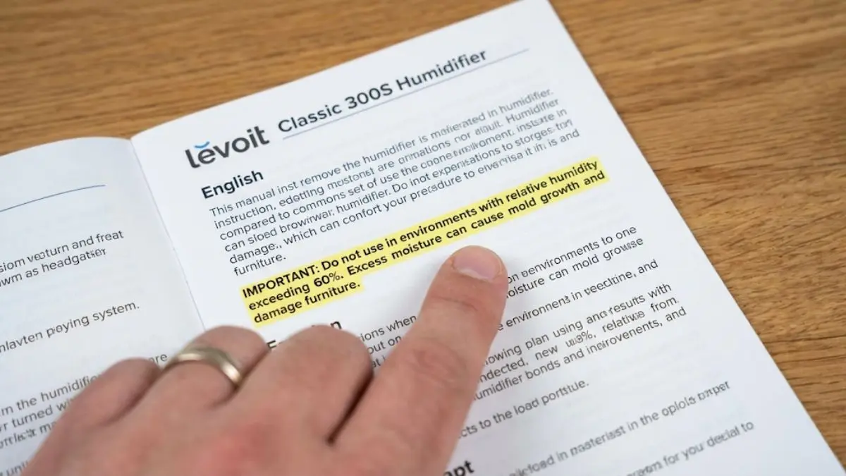 A dad holding a humidifier instruction manual pointing to the daily cleaning requirements