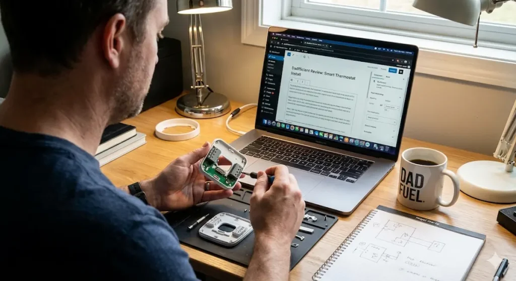 Dadfficient founder Nigel Harry at his construction-inspired home office.