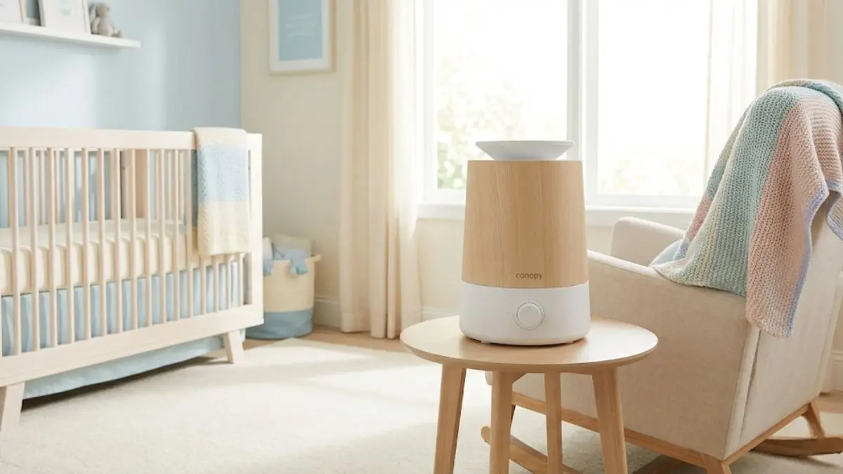 3 Fixes: Is Humidifier White Dust Harmful in 2026? 2 An evaporative humidifier sitting cleanly on a nursery floor with zero white dust around it