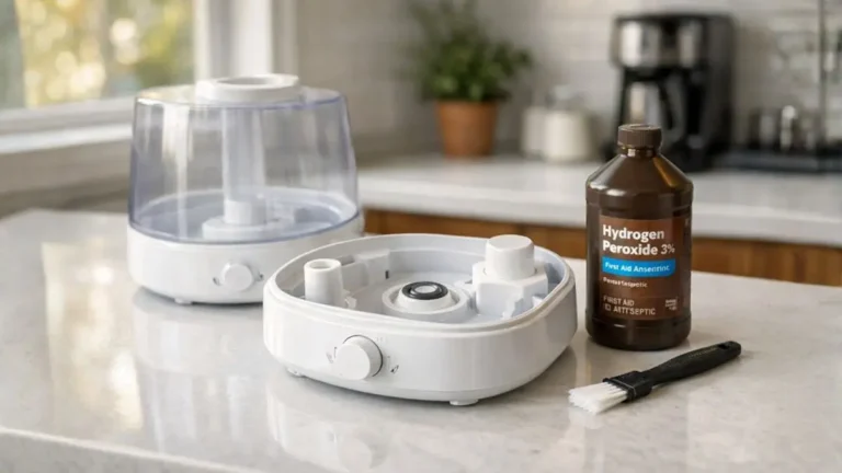 Disassembled humidifier with 3% hydrogen peroxide and a cleaning brush, illustrating the steps for how to clean humidifier with hydrogen peroxide.