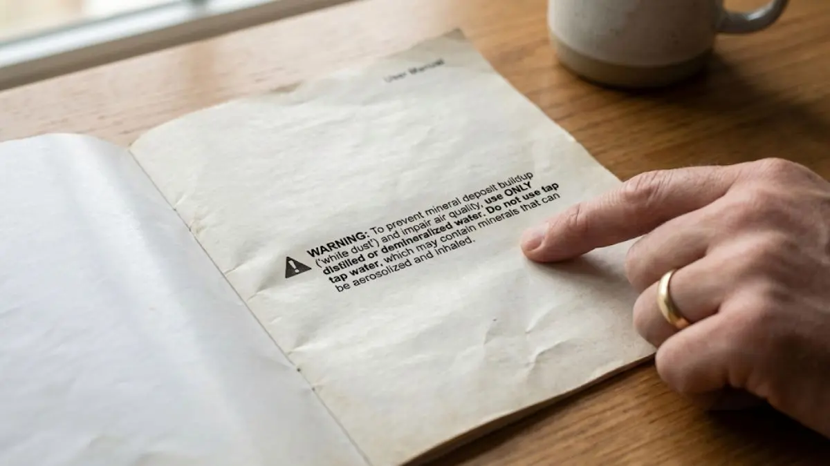 3 Fixes: Is Humidifier White Dust Harmful in 2026? 1 Close up of a humidifier instruction manual highlighting the warning to use distilled water