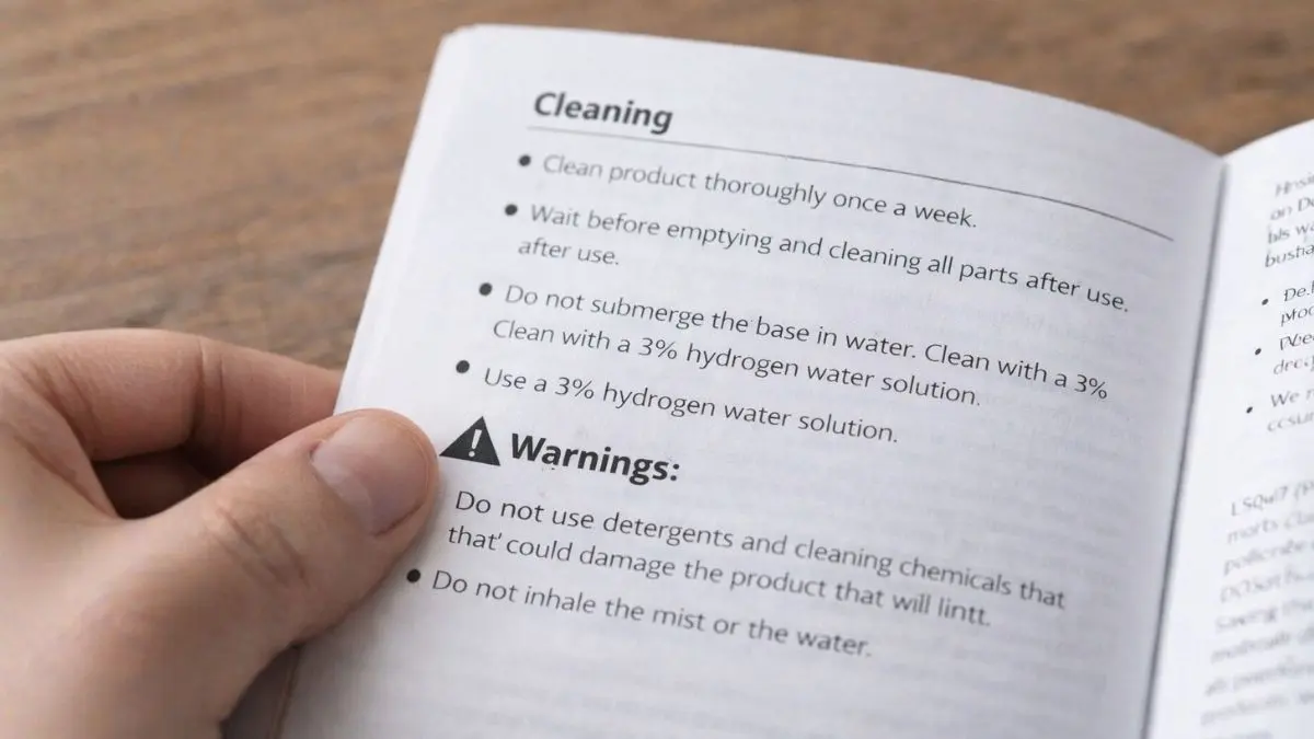 Close up of a humidifier instruction manual showing the manufacturer recommending 3 percent hydrogen peroxide for disinfection
