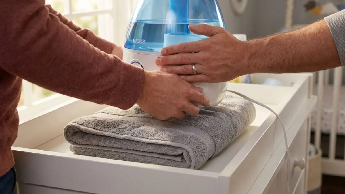 A Vicks humidifier sitting on a wooden nightstand, lifted slightly to show the bottom intake vents.