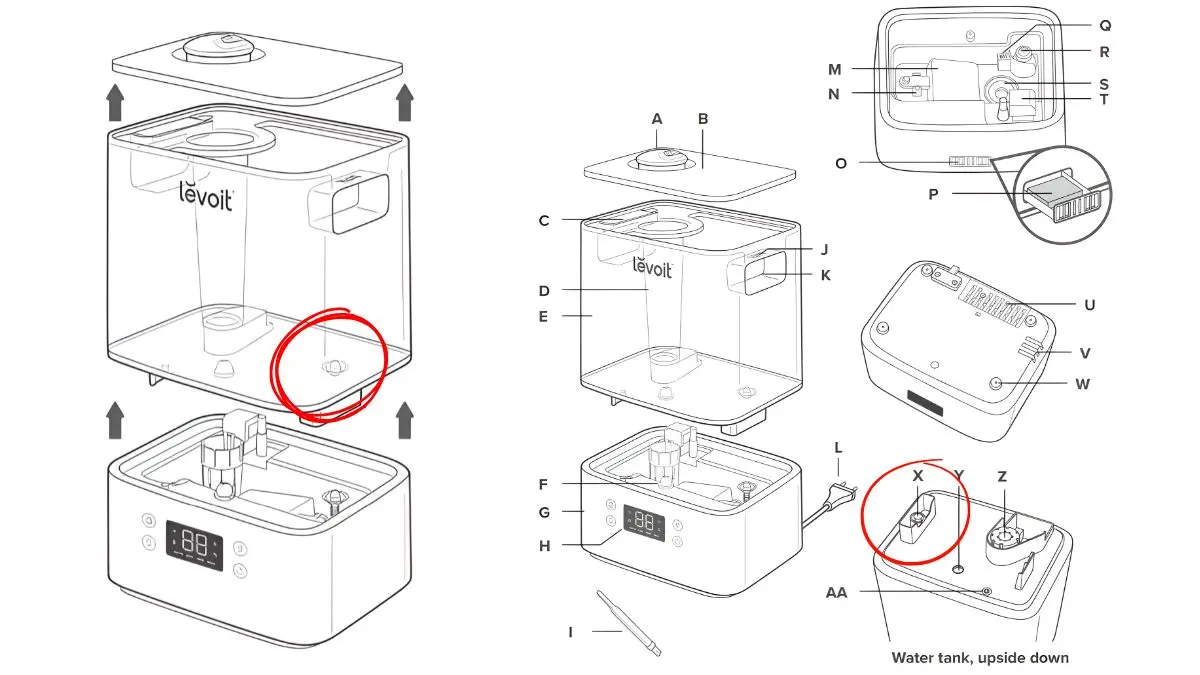 A finger tapping the white plastic float valve inside the base of a Levoit humidifier.