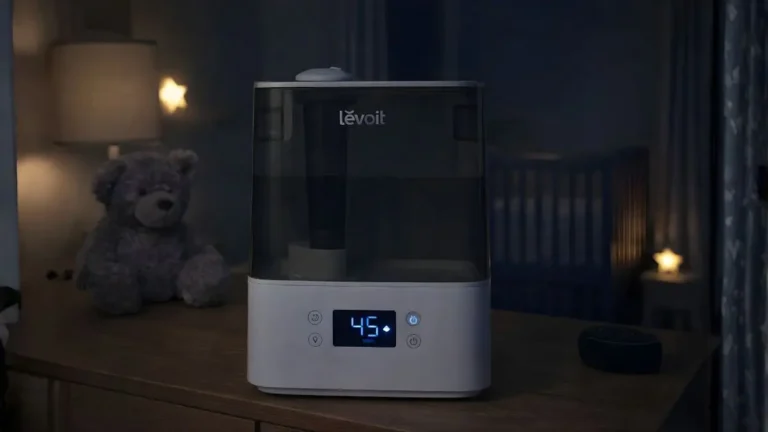 A Levoit humidifier not misting despite being powered on in a dimly lit baby nursery.