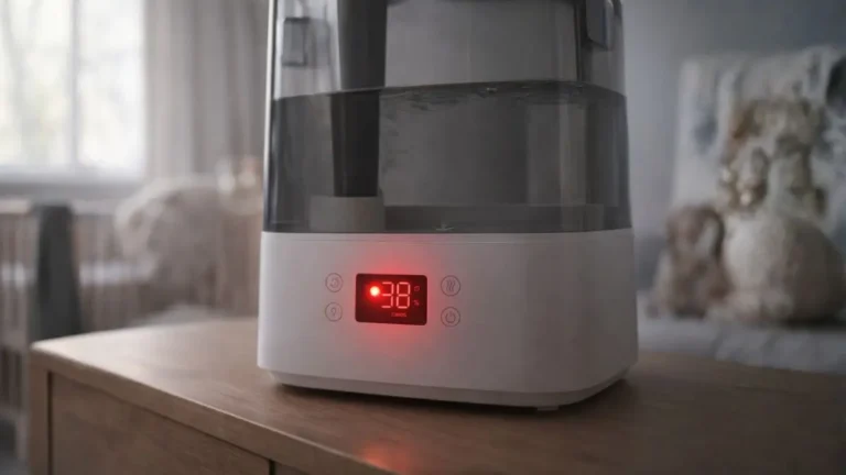 A Levoit humidifier red light error glowing on the front digital display panel while resting on a wooden nursery dresser.