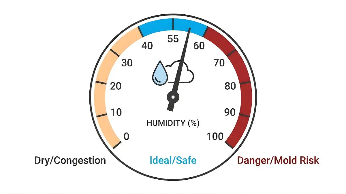Home 10 Infographic chart showing the ideal nursery humidity levels between 40 and 55 percent to prevent baby congestion and mold growth