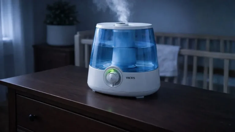Vicks cool mist humidifier running quietly on a wooden dresser in a dimly lit baby nursery at night, emitting a plume of steam.