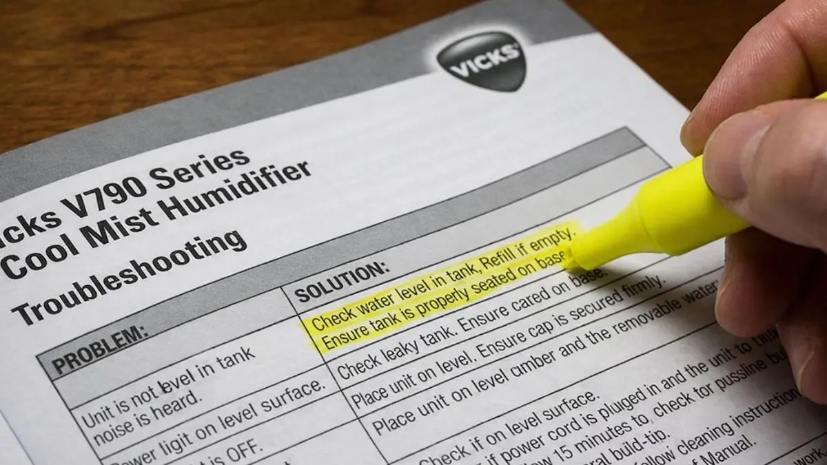 A close-up shot of the Vicks humidifier instruction manual highlighting the weekly descaling process.