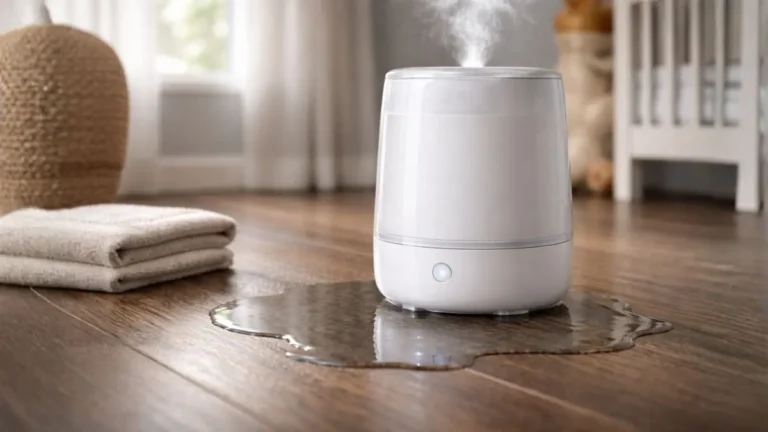 White portable humidifier leaking from the bottom, creating a large water puddle on a hardwood nursery floor next to a towel.