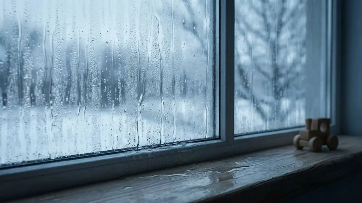 Heavy window condensation in a nursery illustrating the mold risk of over-humidification