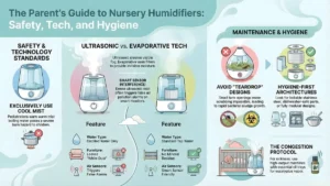 n infographic summary of the Dadfficient baby humidifier guide, comparing ultrasonic vs evaporative technology, maintenance standards, and congestion protocols.