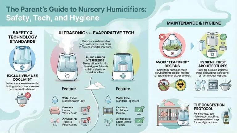 n infographic summary of the Dadfficient baby humidifier guide, comparing ultrasonic vs evaporative technology, maintenance standards, and congestion protocols.