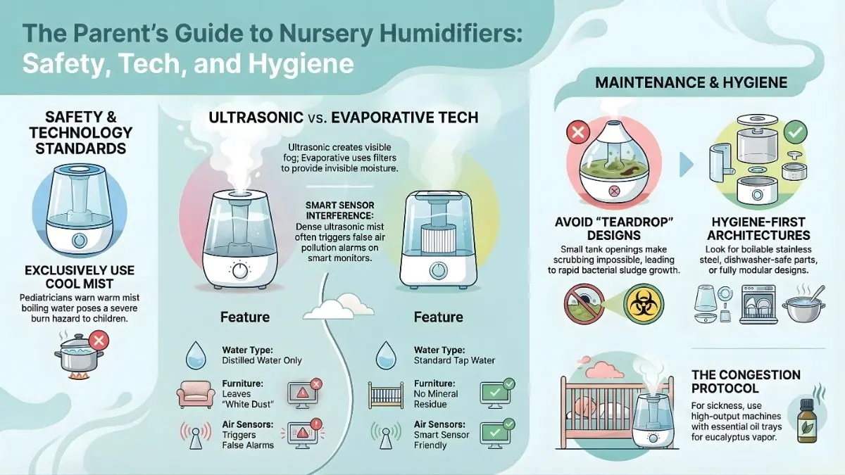 An infographic summary of the Dadfficient baby humidifier guide, comparing ultrasonic vs evaporative technology, maintenance standards, and congestion protocols.