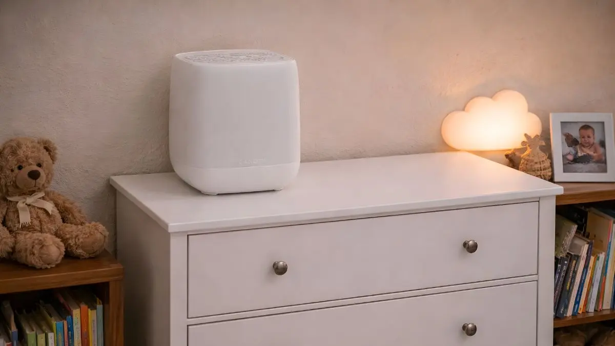 3 Proven Picks: Best Humidifier for Toddler Rooms (2026) 1 Canopy Bedside Humidifier 2.0, the best humidifier for toddler rooms, sitting safely on a high dresser out of reach
