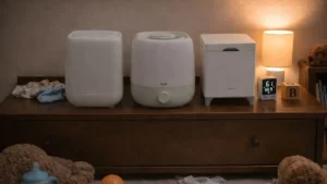 Comparison of the best humidifier for toddler nursery options—Canopy Bedside, Frida Baby 3-in-1, and Carepod Cube Plus—sitting on a wooden dresser with a Govee hygrometer.