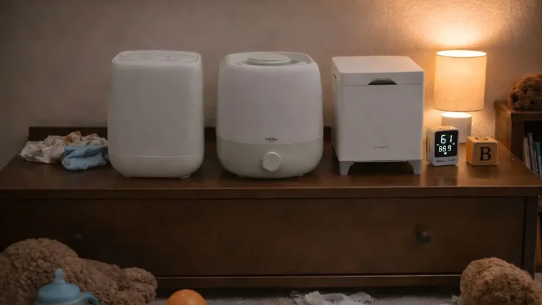 Comparison of the best humidifier for toddler nursery options—Canopy Bedside, Frida Baby 3-in-1, and Carepod Cube Plus—sitting on a wooden dresser with a Govee hygrometer.