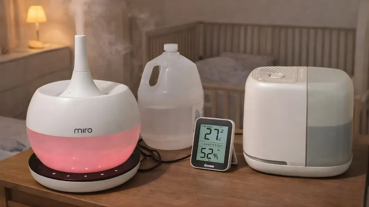 A side-by-side comparison on a nursery dresser of the fully assembled Miro NR08M (left) emitting a visible plume of ultrasonic fog, next to the assembled Canopy Bedside Humidifier 2.0 (right) emitting invisible, evaporative moisture