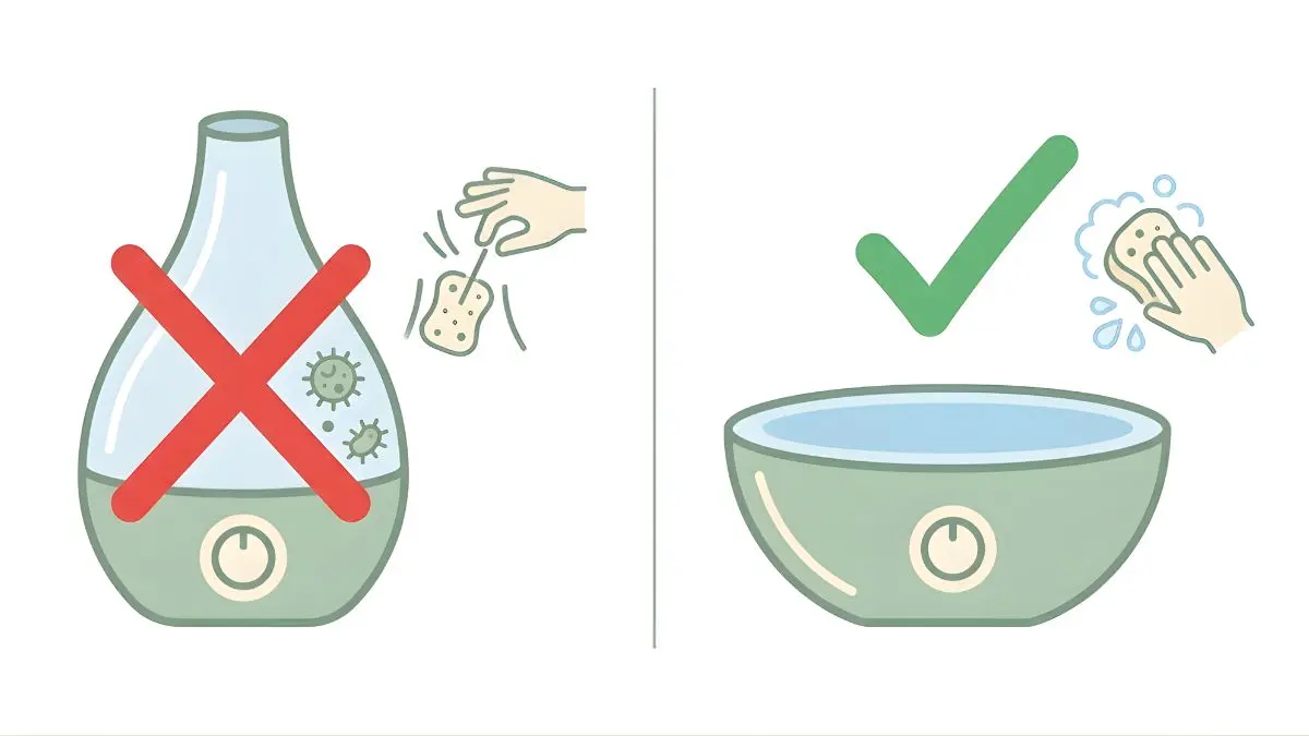 A visual comparison infographic showing a hard-to-clean teardrop tank with a red X next to a wide-open, easy to clean bowl design with a green checkmark
