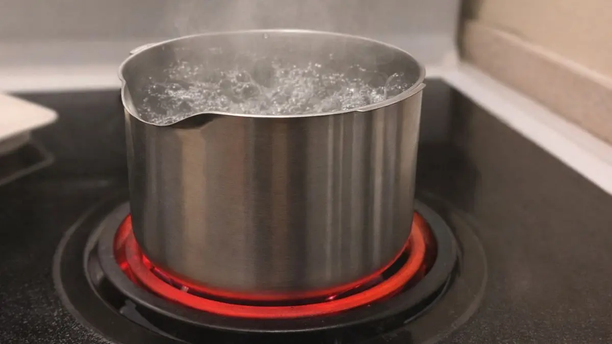 3 Proven Easy to Clean Cool Mist Humidifier Picks (2026) 1 Boiling the stainless steel tank of the Carepod Cube Plus X50V on a kitchen stove to sanitize it