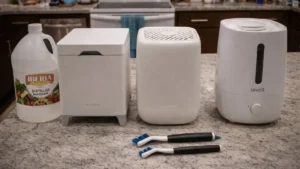 Comparison of three easy to clean cool mist humidifier options—Carepod Cube Plus X50V, Canopy 2.0, and Levoit—on a kitchen counter with Iberia vinegar and OXO cleaning brushes.