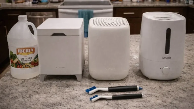 Comparison of three easy to clean cool mist humidifier options—Carepod Cube Plus X50V, Canopy 2.0, and Levoit—on a kitchen counter with Iberia vinegar and OXO cleaning brushes.