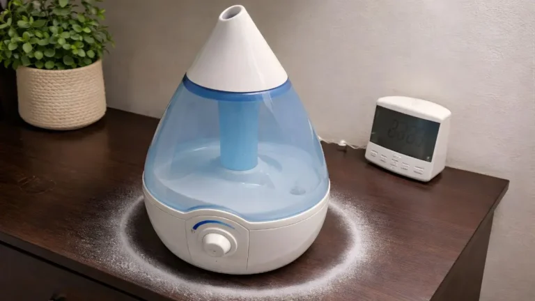 Ultrasonic cool mist humidifier on a dark wood nursery nightstand leaving a visible ring of white mineral dust residue.