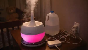 An honest Miro humidifier review featuring the NR08M Luma Touch running in a nursery with visible ultrasonic mist and messy wire management.