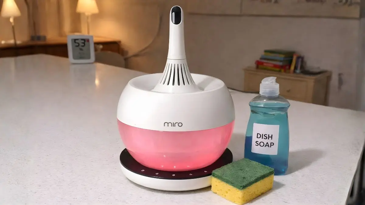 The assembled white Miro NR08M humidifier sitting on a kitchen island counter next to a dish soap bottle and a generic kitchen sponge, emphasizing its simple sanitization process