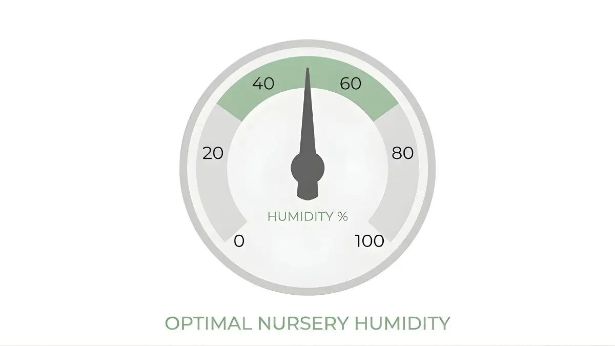 An infographic gauge showing the optimal nursery humidity sweet spot between 40 and 60 percent for infant congestion relief