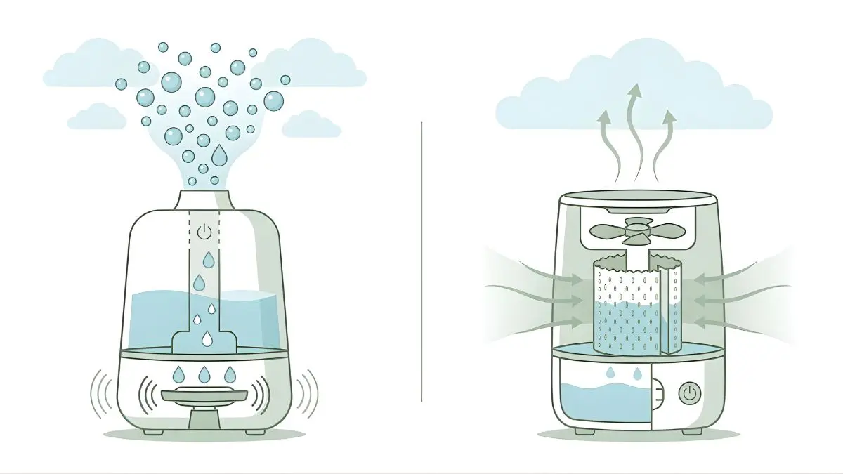 A flat vector diagram showing how ultrasonic humidifiers create visible droplets while evaporative humidifiers use filters for invisible moisture