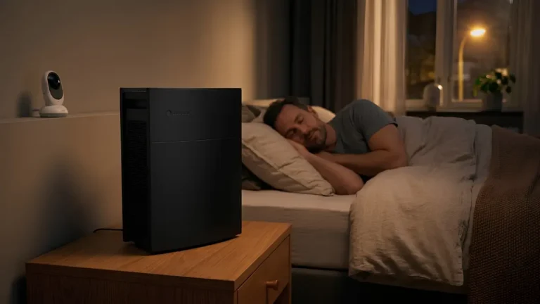 quietest air purifier for bedroom operating in a dark, quiet master bedroom while a dad sleeps peacefully passing the dad test