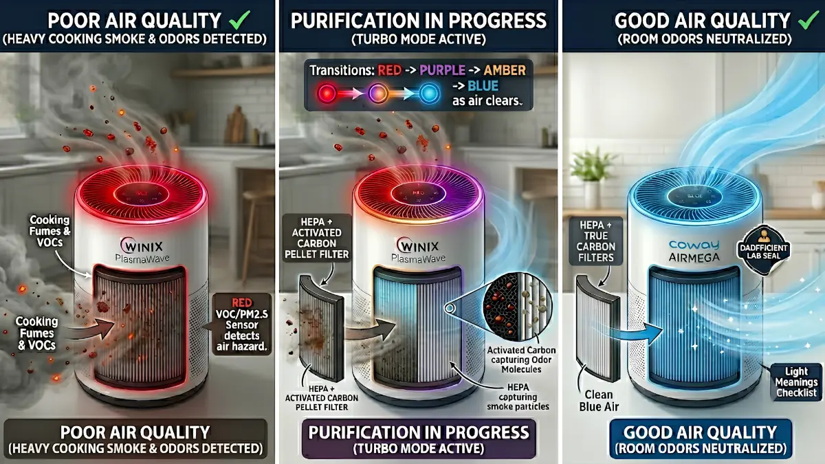 An infographic showing a red air purifier light turning blue as it clears heavy cooking smoke and odors from a room.