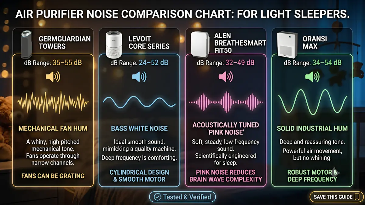 A horizontal infographic comparing the decibel levels and noise pitch profiles of the Levoit Core series, GermGuardian towers, Alen BreatheSmart Fit50, and Oransi Max.