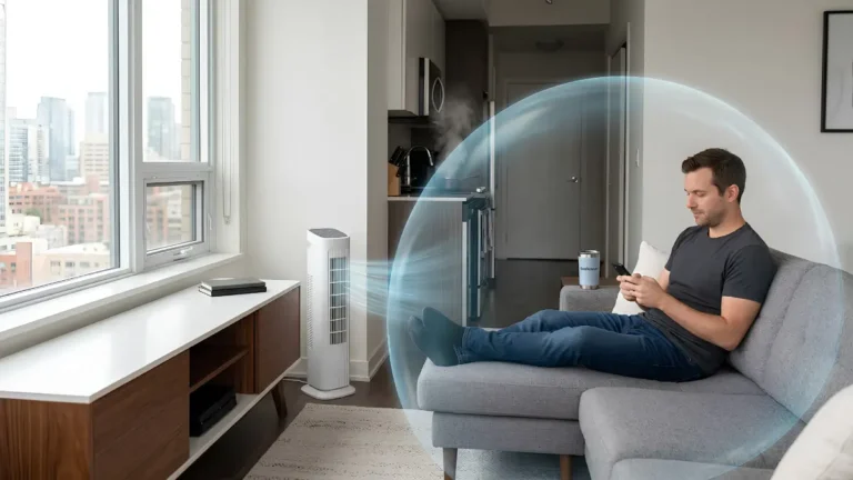 A dad relaxing on a sofa in a compact urban condo layout while a slim tower air purifier small apartment setup sits neatly in a tight corner, blowing a clear blue dome-shaped bubble of clean air to neutralize kitchen odors and neighbor smoke.