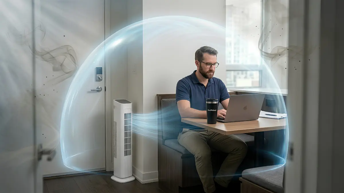 A sleek tower air purifier tucked neatly into the corner of a modern, compact apartment living room.
