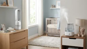 baby air purifier vs humidifier - A balanced nursery setup showing a compact tower air purifier on a dresser and a cool-mist humidifier on the opposite bedside table.