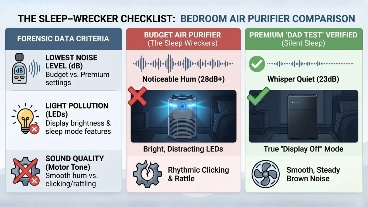 Infographic checklist comparing quiet vs noisy bedroom air purifiers, highlighting decibels, light pollution, and motor clicking, tested by Dadfficient.