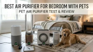 best air purifier for bedroom with pets - A side-by-side comparison of premium HEPA air purifiers being tested in a master bedroom with a dog resting on the rug.