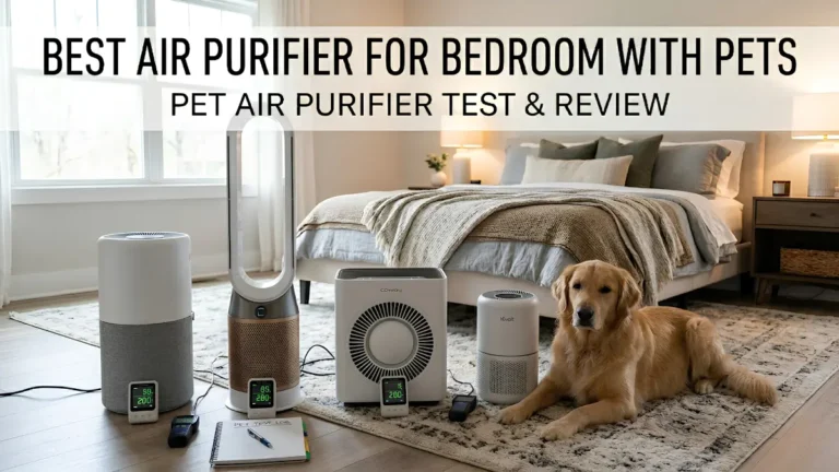 best air purifier for bedroom with pets - A side-by-side comparison of premium HEPA air purifiers being tested in a master bedroom with a dog resting on the rug.