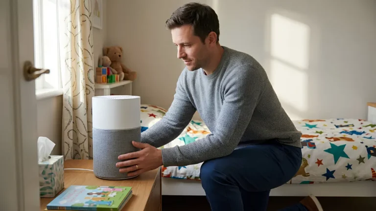 best air purifier for viruses - A dad placing a silent air purifier in a child's bedroom to protect against seasonal colds and airborne pathogens.