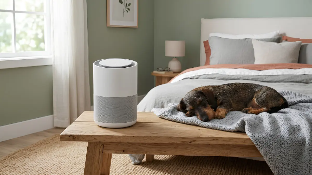 best budget air purifier for bedroom - A compact cylindrical True HEPA air purifier sitting on a wooden nightstand next to a sleeping dog.
