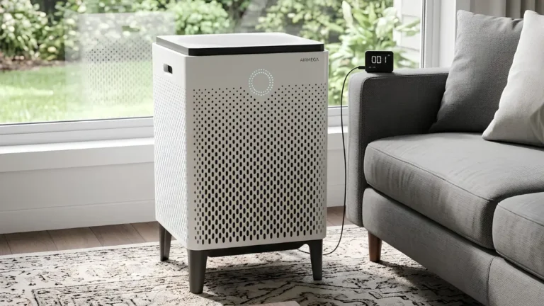coway airmega 400s smart air purifier - A large square Coway Airmega 400S air purifier running next to a living room sofa with its front indicator light glowing.