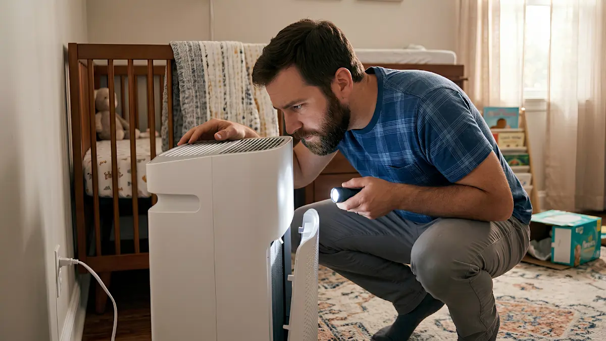 A dad doing odor forensics, smelling a strange scent coming from a nursery air purifier.