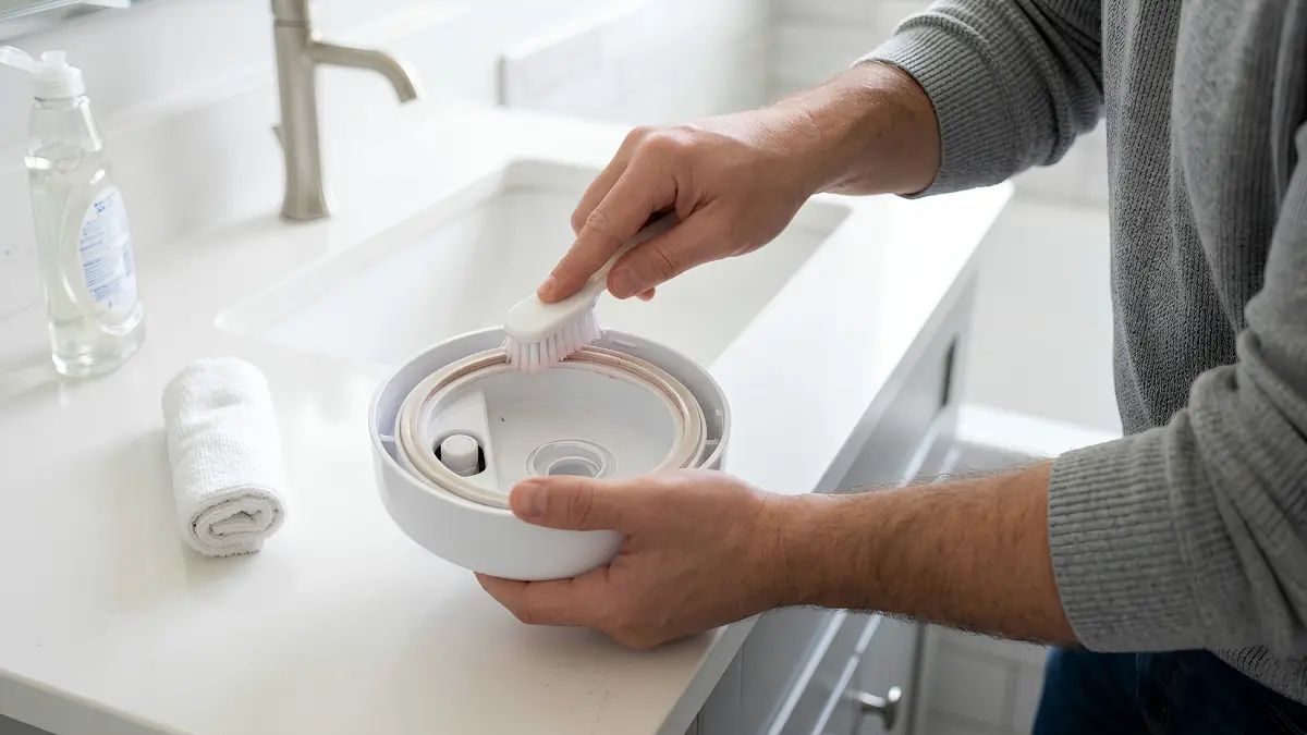 3 Critical Baby Air Purifier vs Humidifier Mistakes 1 fridababy humidifier manual - A close-up of a dad cleaning the internal water basin gasket of a small nursery cool-mist humidifier to prevent mold.