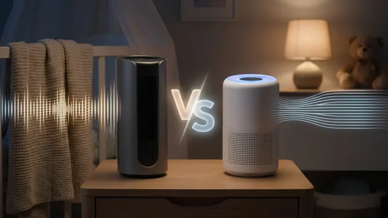A cinematic side-by-side comparison of a generic tower air purifier and a generic cylindrical air purifier on a bedside table in a dimly lit nursery, with a soft glowing VS symbol and abstract sound wave graphics to show quiet operation for the GermGuardian vs Levoit debate.