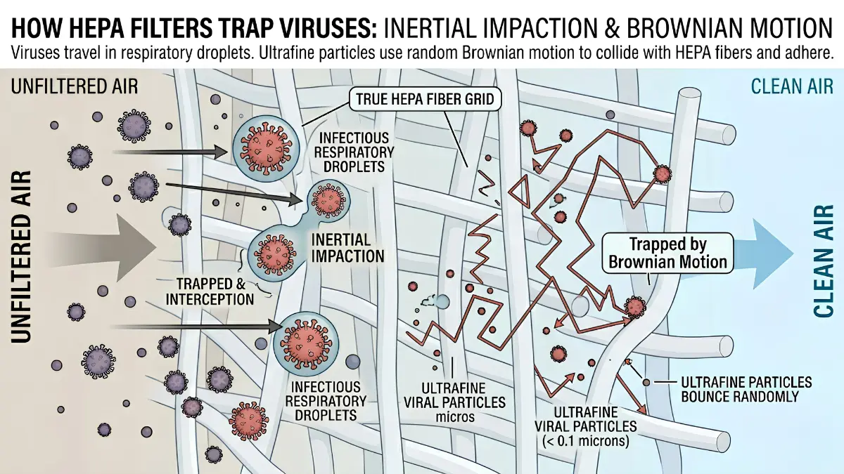 best air purifier for viruses - A macro illustration showing how a True HEPA filter uses Brownian motion to trap microscopic viral particles and respiratory droplets.