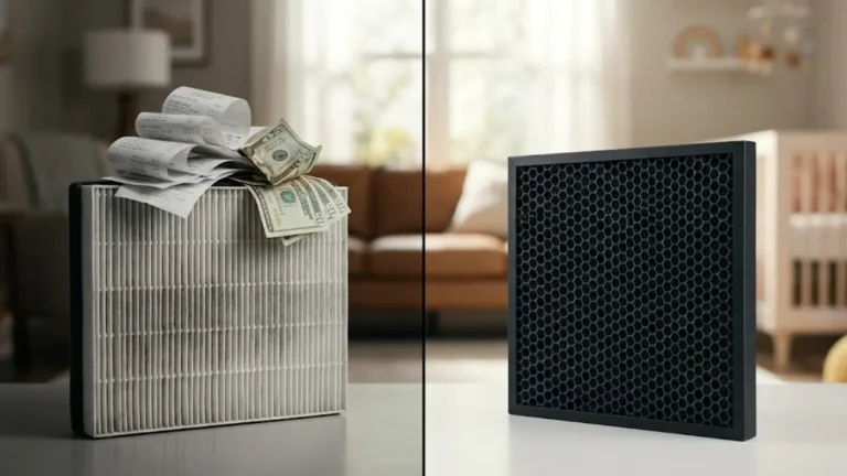 A cinematic split-screen comparison showing a dirty paper HEPA filter topped with a pile of receipts and cash on the left, contrasted with a clean, black honeycomb-style Honeywell air purifier washable filter grid on the right in a softly lit nursery setting.