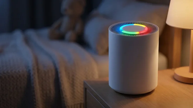 A white cylindrical air purifier sitting on a wooden nightstand in a dimly lit nursery, featuring a glowing top LED indicator ring split into blue, green, yellow, and red colors to show levoit air purifier light meanings.